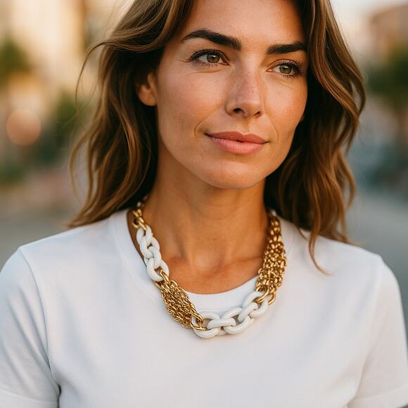 Metal and plastic link necklace white & gold color - Picture 1 of 6